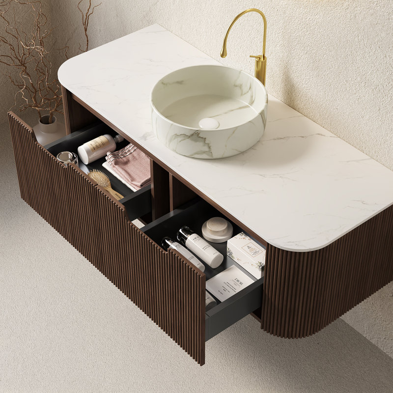 Meuble-lavabo 48 po, meuble-lavabo rayé à bords arrondis avec 2 tiroirs, lavabo rond en céramique blanc et plateau en pierre frittée blanc de Carrare