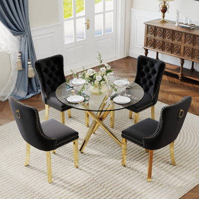 Ensemble de salle à manger à piédestal rond 5 pièces avec chaise capitonnée en velours pour salle à manger et salon