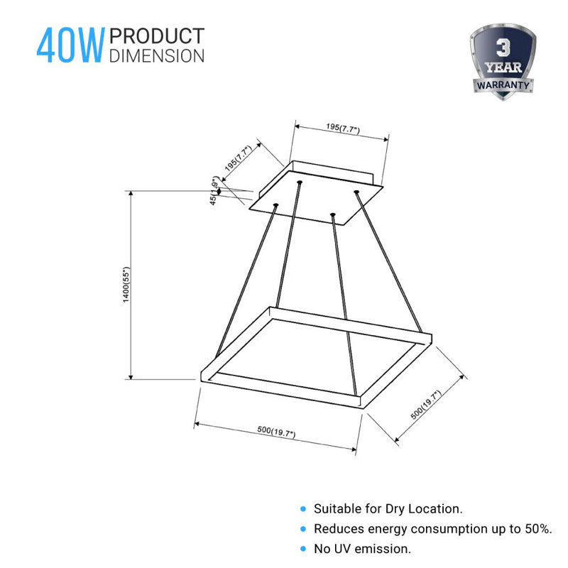 Luminaire suspendu carré à 1 lumière Aekerly, Noir mat