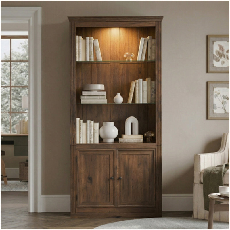 78.75''H 4-Tier Display Shelf, With LED Ceiling Warm Light, Freestanding Farmhouse Bookcases With Storage & Doors, Bookshelf With Adjustable Glass Shelves For Home & Office - Brown
