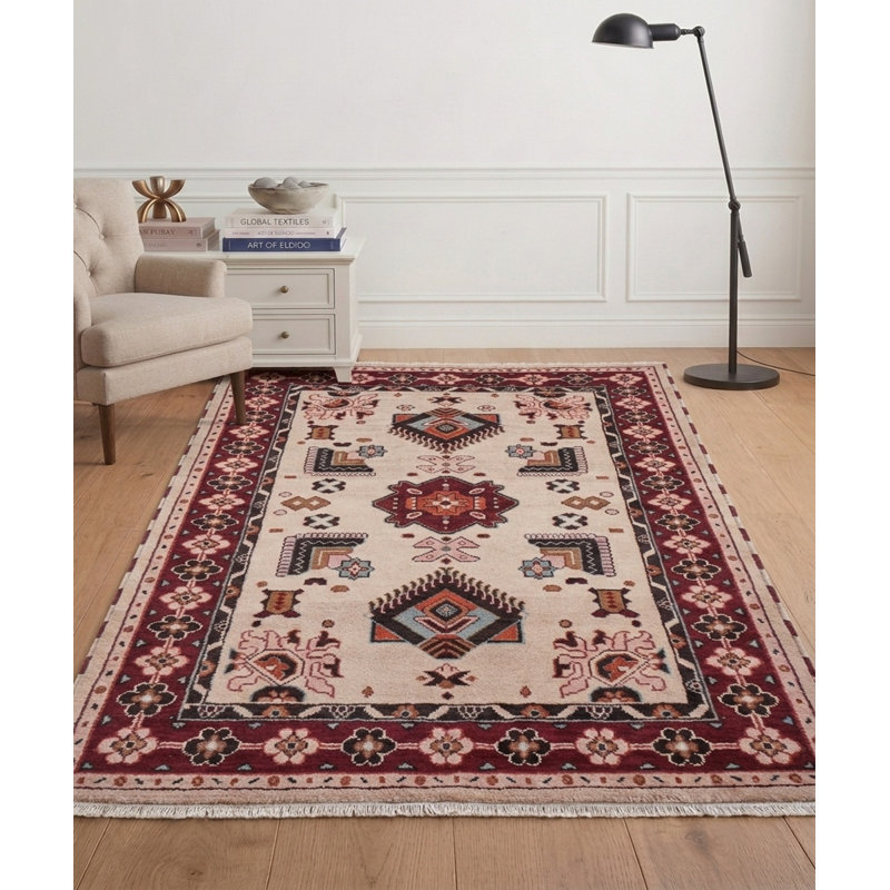 Tapis d'intérieur rectangulaire oriental en soie et laine crème et rouge, noué à la main, fait main, Rectangle 4pi x 6 pi