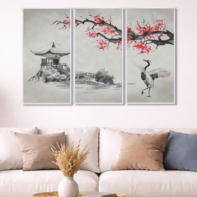Mont Fuji japonais avec sakura - reproduction de cadre flottant 3 pièces sur toile