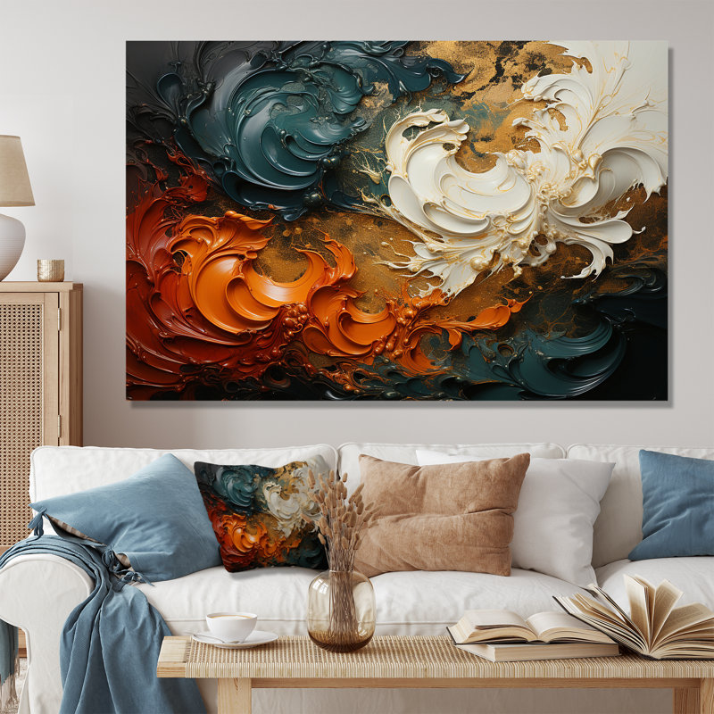 Orange et vagues ondulées oranges et mélodie II - art mural abstrait, Toile tendue, H 40 po x l 60 po x P 1,5 po