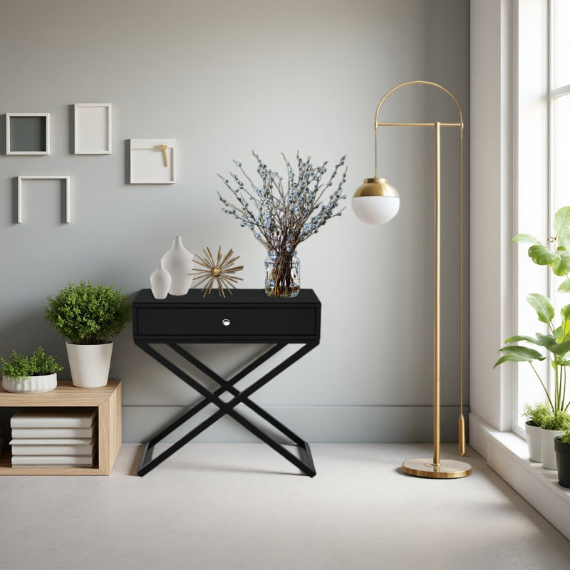 Table de chevet 23 po en bois avec plateau en verre, tiroir et base en métal, Noir