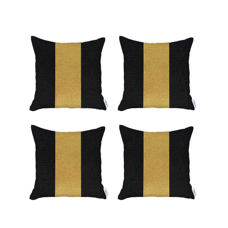 Ensemble de quatre coussins décoratifs à fermeture à glissière en polyester faits à la main 18 po x 18 po, Noir/jaune