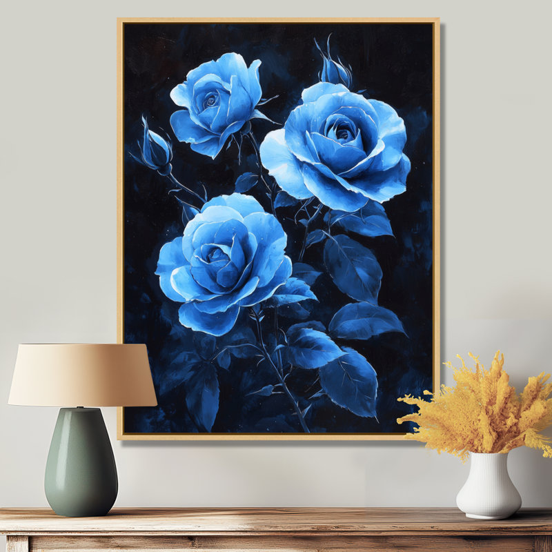 «Dark Aqua Roses Elegance At Night I», art mural sur toile Roses, H 44 po x l 34 po, Reproduction avec cadre flottant