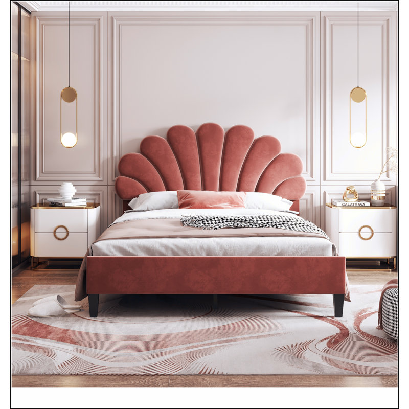Lit plateforme tapissier avec tête de lit en velours à motif floral, Beige, Grand lit