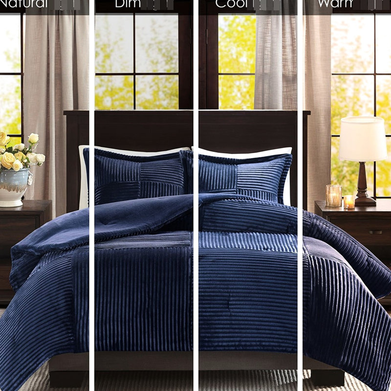 Full/queen Comforter - Navy Color, Down Alternative, Ribbed Face, Solid Backside, Machine Washable With 2 Shams Navy, Outer Shell, Inner Washable, Comprises 1 &