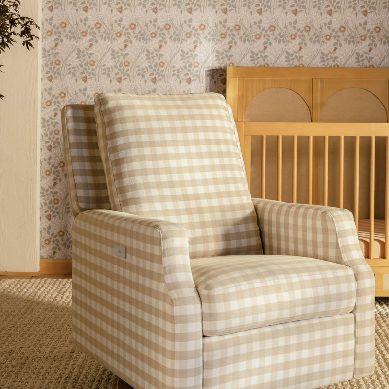 Crewe Electronic Recliner and Swivel Glider in Eco-Performance Fabric, Tan Gingham with Light Wood Base
