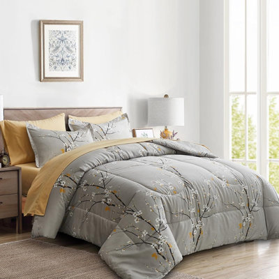 Queen Comforter Set, 7-Piece Gray Floral Tree Branch Bed in a Bag, Soft Microfiber Spring Botanical Bedding with Comforter, Sheets, Pillowcases & Pillow Shams, All-Season