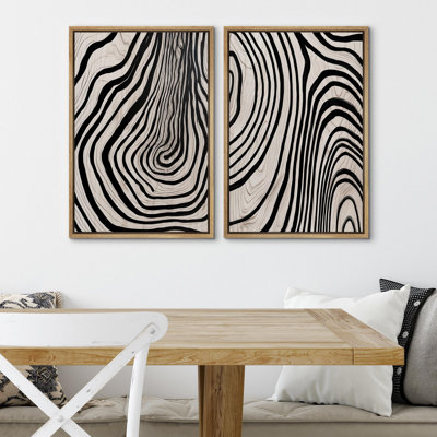Linear Geometry " Mid-Century Modern Black & White Geometric Spiral Abstract Modern Art Minimalist Neutral Decor " 2 - Pieces