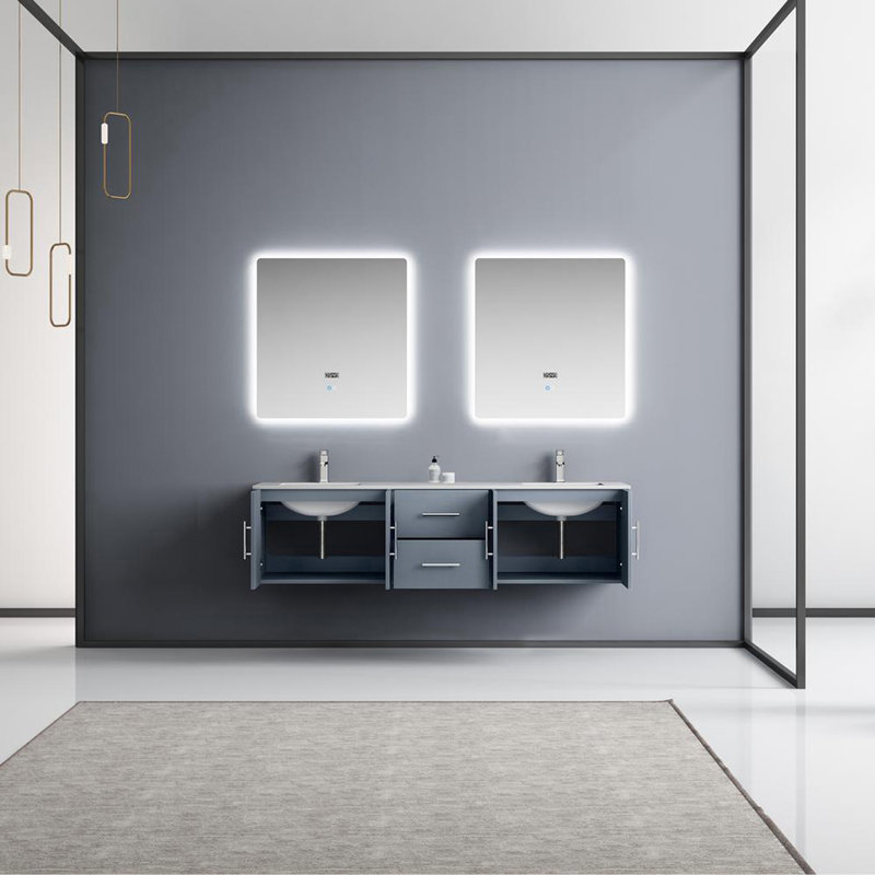 Geneva 72" Wall-Mounted Double Bathroom Vanity Set with Mirror, White Cultured Marble, Dark Gray