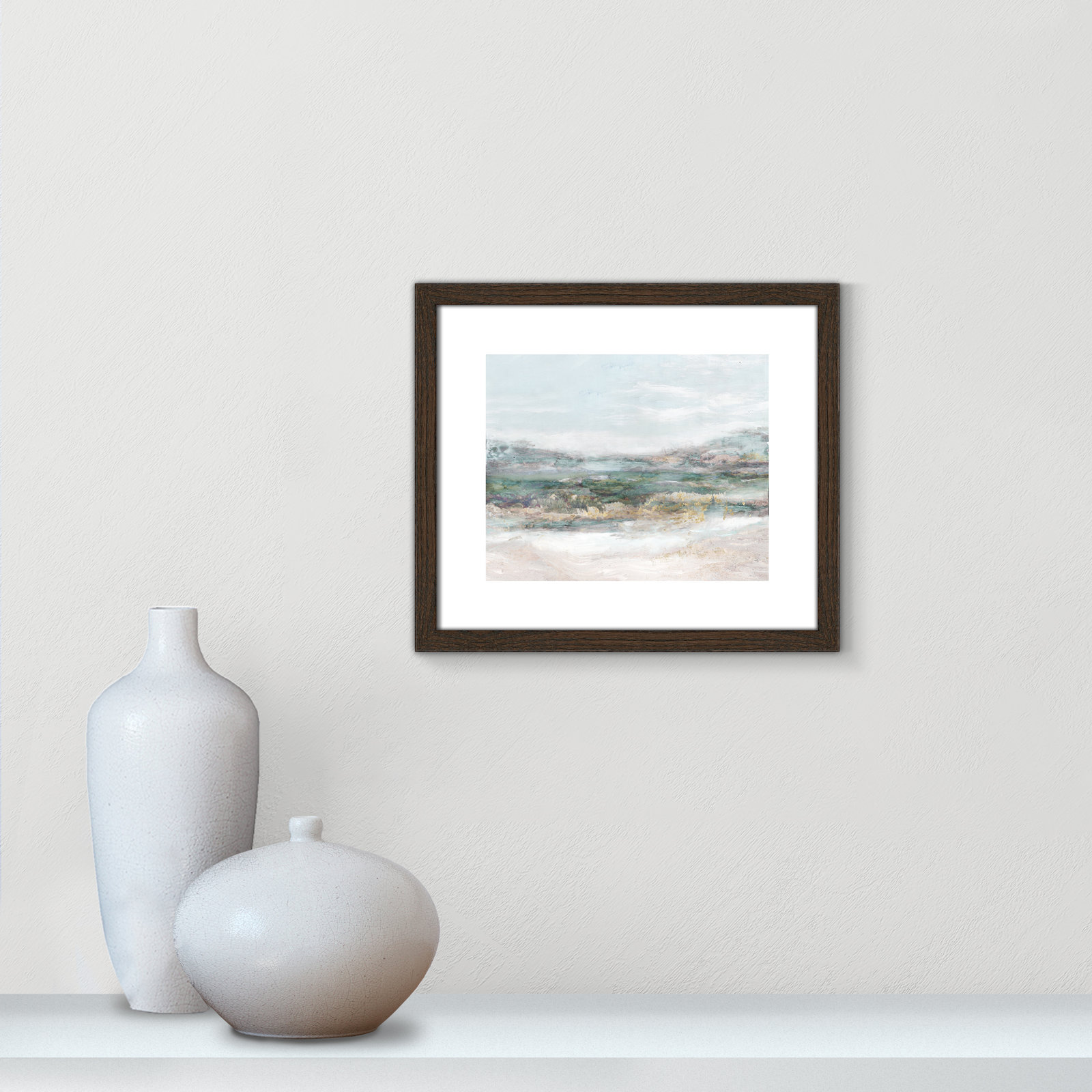 Lori "Dazzling" Painting by Matina Theodosiou, White, Walnut Wood Grain Framed Paper, 13" H x 15" W x 0.75" D