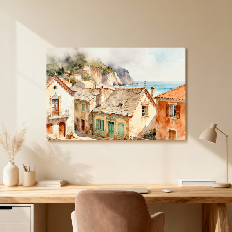 Scénique et paysages urbains, village méditerranéen, paysage côtier, art à l'aquarelle