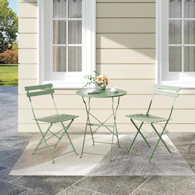 3-Piece Folding Bistro Set, Steel Frame Table and Chairs, Space-Saving Patio Furniture, Green