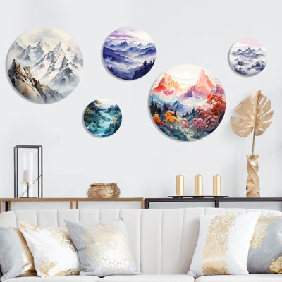 «Morning Fog Mountain Wonder», ensemble d'art mural rond sur 5 montagnes