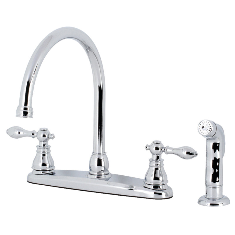 Kingston Brass American Classic Two-Handle 4-Hole 8" Centerset Kitchen Faucet with Side Sprayer, Polished Chrome