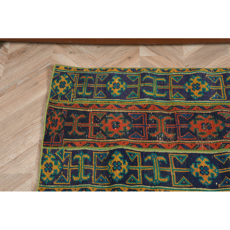 Vintage Turkish Door Mat in Bold Geometric Patterns with Rich Red and Blue Tones Handwoven for Unique Home Decor