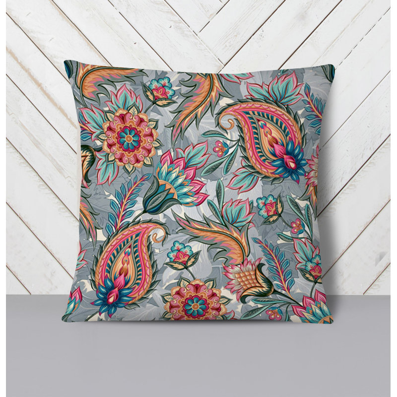 Throw Pillow With Insert, 16"H x 16"W, Gray/Orange Paisley 1