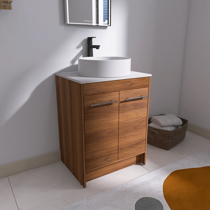  Ensemble de meuble-lavabo autoportant 24 po avec plateau en pierre frittée Aurrie, Aurrie, Rond, 24"