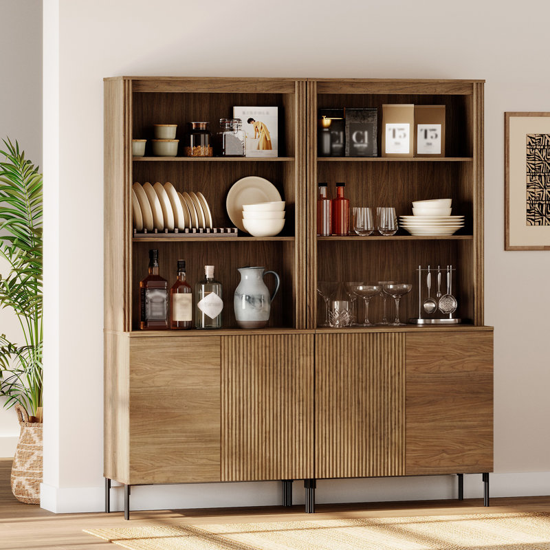 Grand garde-manger cannelé de 71,6 po (ensemble de 2), vitrine en bois avec portes et tablettes réglables, armoire moderne polyvalente pour la salle à manger, la chambre à coucher