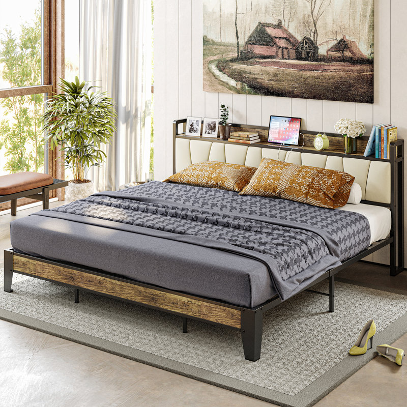 Platform Bed Frame with Storage, Upholstere Headboard with Charging Station, Sturdy Metal Support, Noise-Free, No Box Spring Needed, Easy Assembly