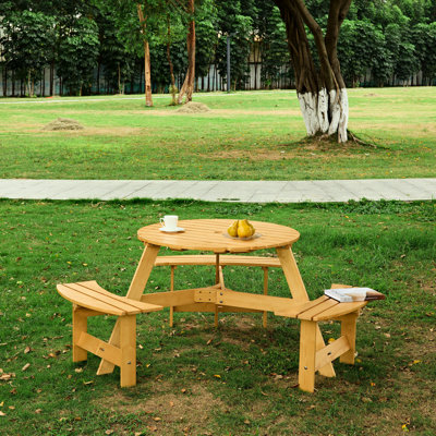 Table de pique-nique ronde pour 6 personnes avec bancs intégrés et trou pour parasol pour l'extérieur - surface imperméable, bois naturel au design rustique, sièges spacieux, convient au patio et à la cour arrière