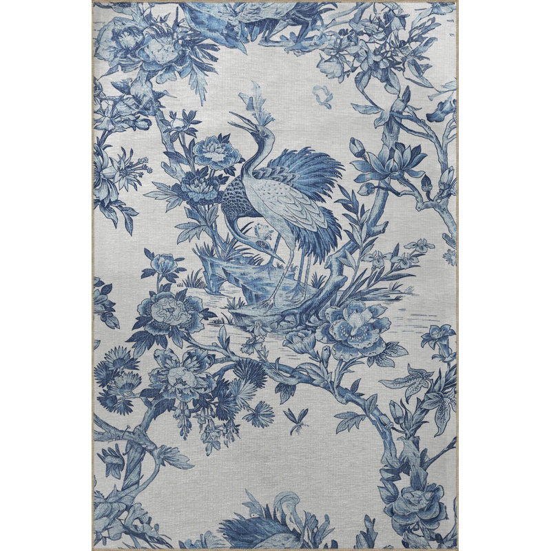 Tapis lavable décoratif moderne à motif de fleurs et de cigognes bleu, Tapis de couloir 2 pi 6 po x 9 pi 10 po inclus