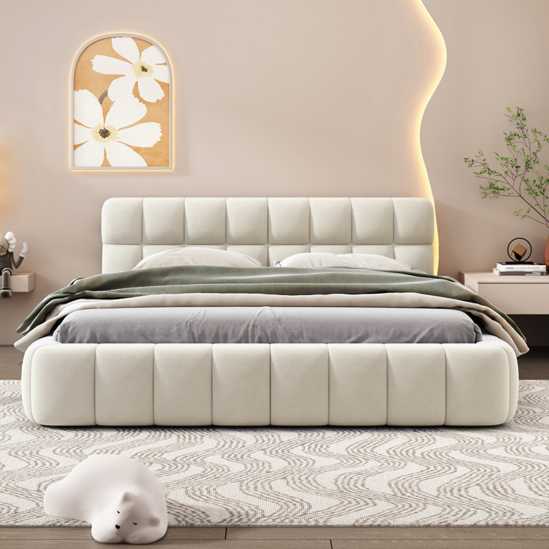 Upholstered Bed, Beige, European Double (140 x 200 cm)