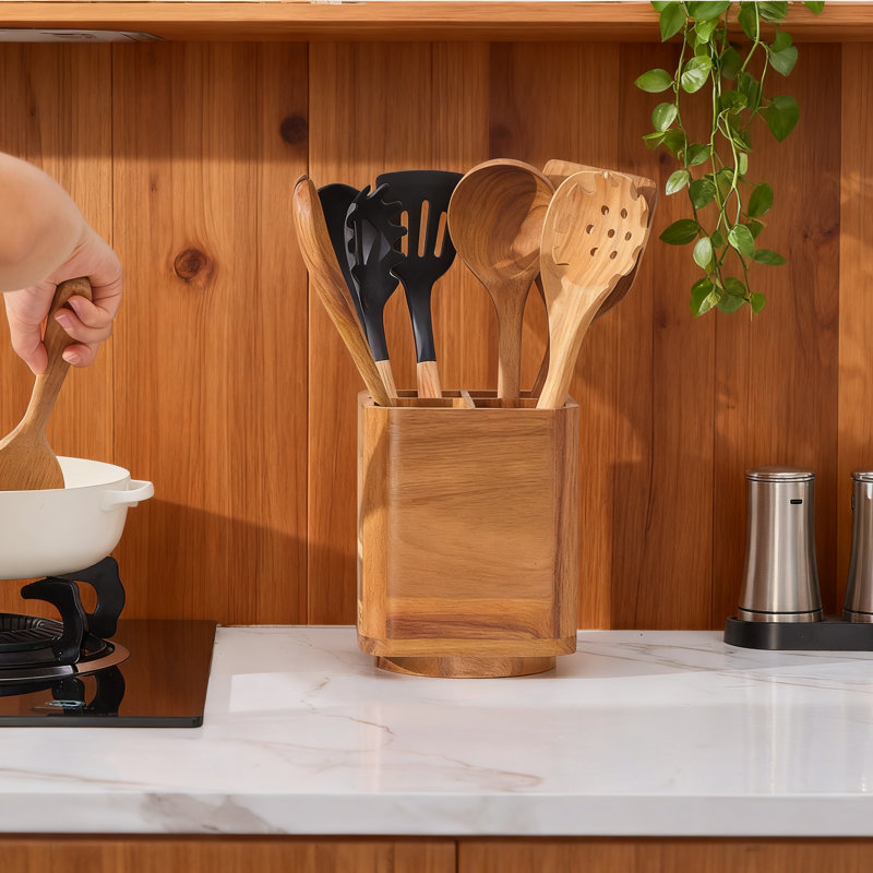 Porte-ustensiles de cuisine en bois avec base rotative à 360 degrés, grand organisateur de comptoir pour les ustensiles de cuisine