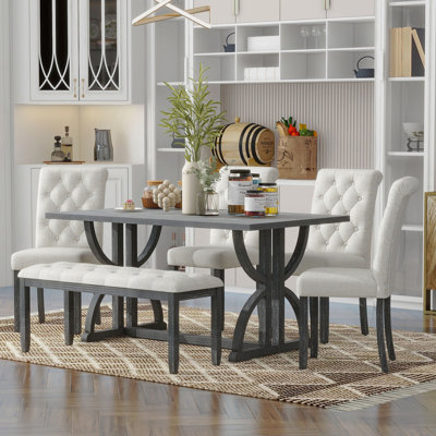 6-Piece Retro Rectangular Dining Table Set, Table With Unique Legs And 4 Upholstered Chairs & 1 Bench