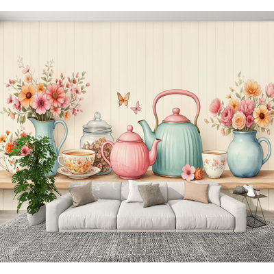 Papier peint à peler et coller Service à thé floral Tasses à thé rose bleues Fleurs murales murales colorées H 100 po x l 144 po Papier mural amovible en PVC auto-adhésif pour chambre à coucher, bureau à domicile
