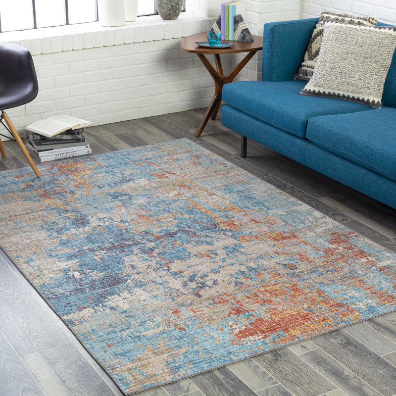 Edick Abstract Blue/Orange/Gray Area Rug, Rectangle 9' x 12'
