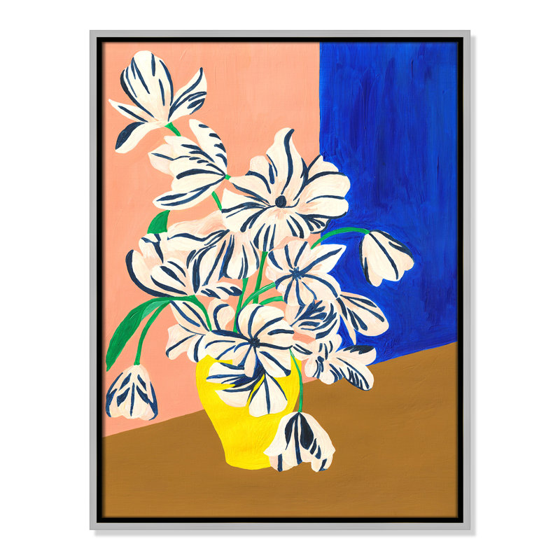 «Stripey Flowers Print» par Violets Print House, 19.5'' W x 25.5'' H, Framed Canvas, Silver Floater