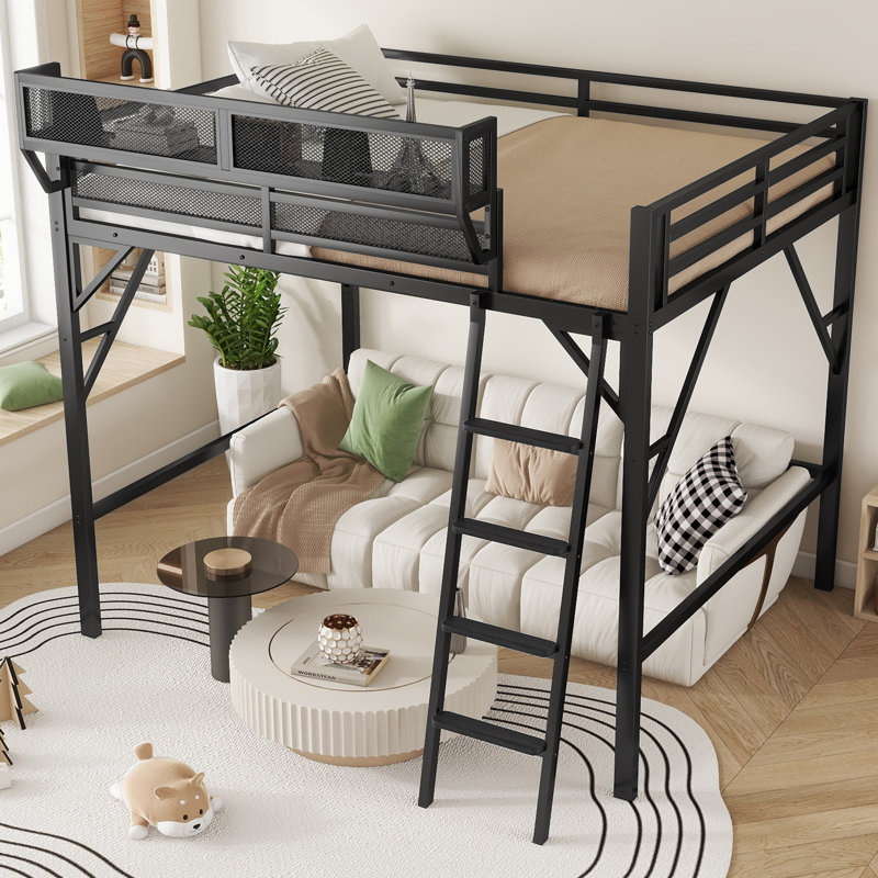Queen Size Loft Bed with Ladder, Metal Queen Loft Bed with Storage Shelves, High Loft Bed for Kids Teens, Black(Expect Arrival Date 2025/7/20) Patent Products