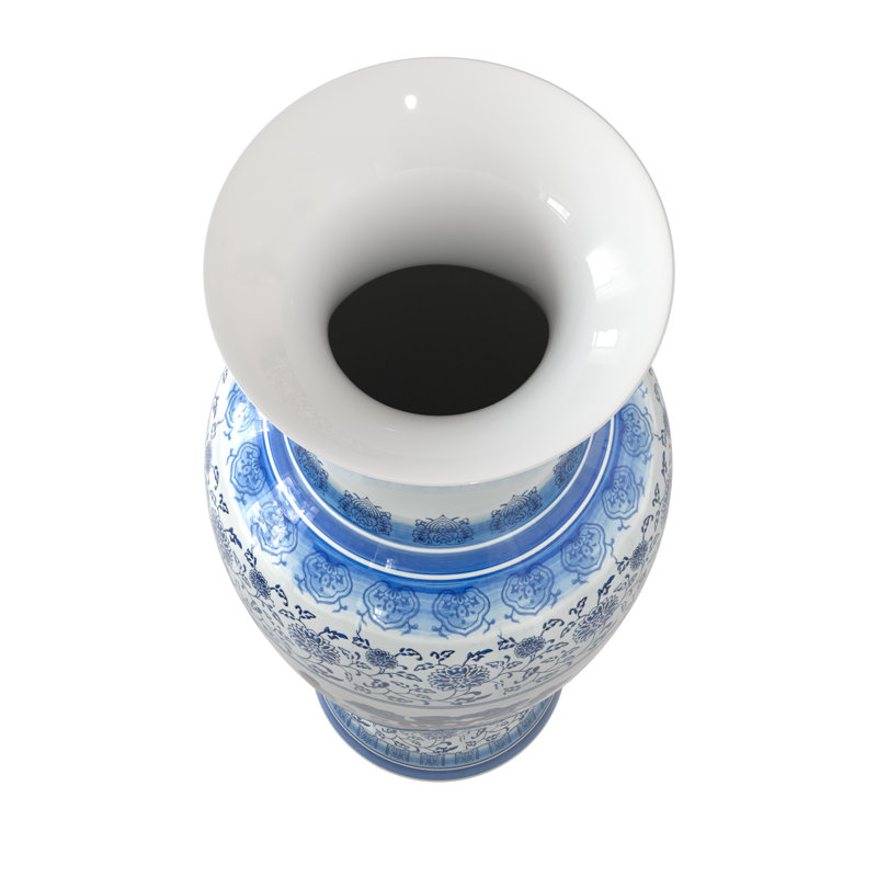 36" Floral Blue & White Porcelain Tung Chi Vase, Blue Courtyard