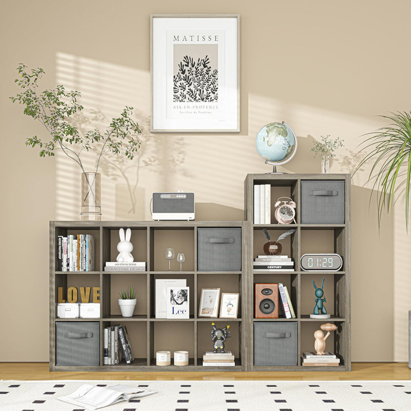 Bookshelf with Storage Bins, 8-Cube Storage Organizer Wooden Bookcase Open Book Shelf, Grey Oak