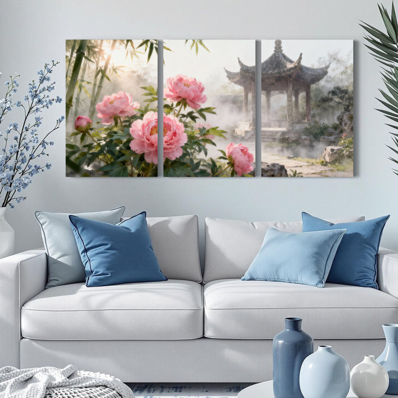Ensemble de 3 tableaux sur toile tendue représentant des pivoines, un jardin de bambous et une pagode., H 30 po x l 60 po