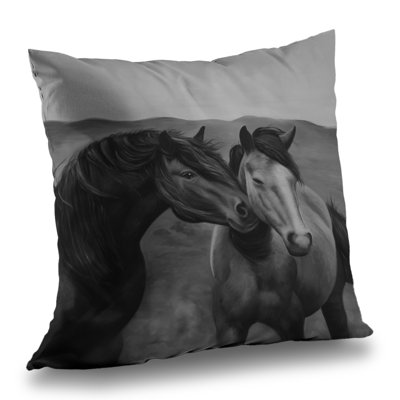 Tenderness Black Horse Poly Twill Throw Pillow – Poly Twill Throw Pillow with Insert, Double-Sided Print