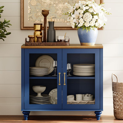 Scarlett Buffet Cabinet With Glass Doors, Large Modern Coffee Bar Table Wood Kitchen Storage Cabinets, Farmhouse Sideboard Credenza For Dining Room, Navy Blue, 33.9"