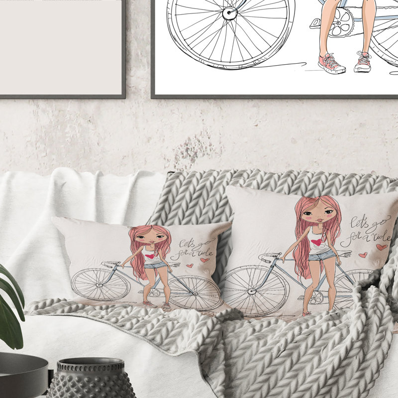 Carré, jeune fille à bicyclette - Coussin décoratif pour enfant, 16" x 16"
