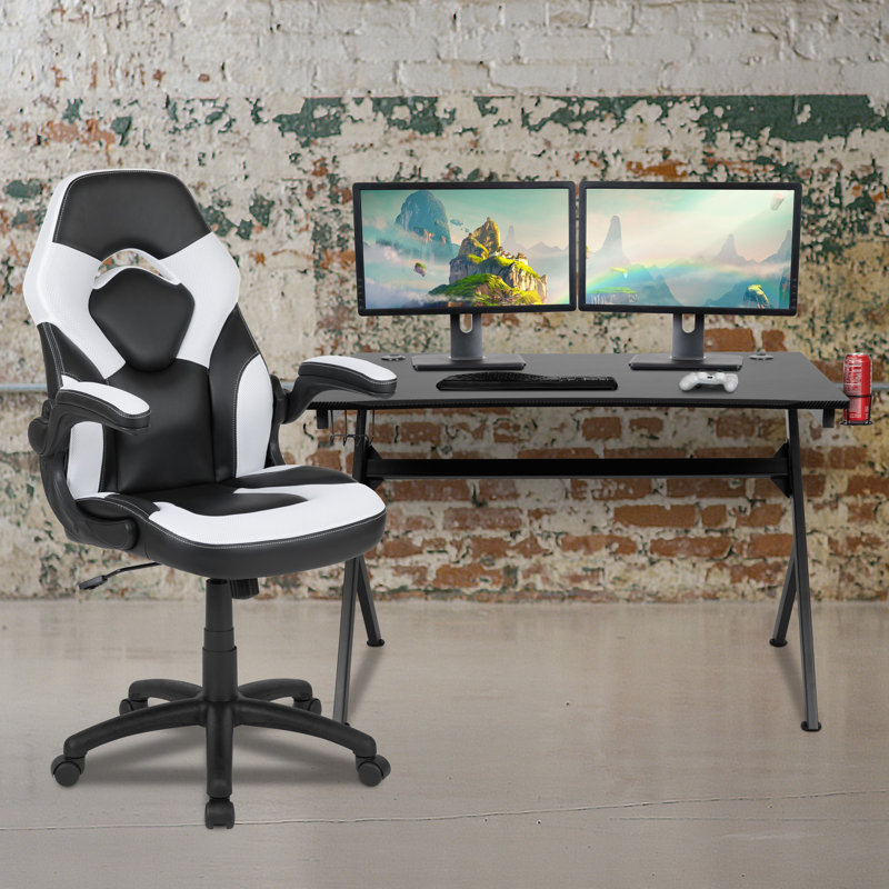 Bridesdale Gaming Desk And Racing Chair Set With Cup Holder, Headphone Hook & 2 Wire Management Holes, White