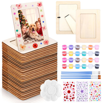 Wooden Picture Frame, Includes Gem Stickers, Acrylic Paintbrushes And Palette. Unpainted Wooden Frame, Suitable For Decorating DIY Painting Art Projects.