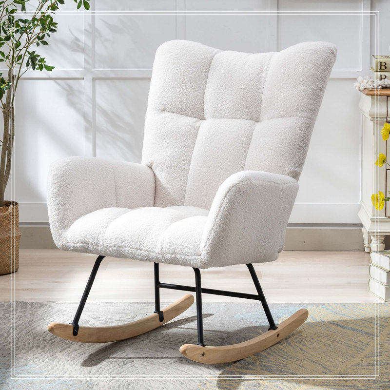 Fauteuil berçant à oreilles en tissu Teddy avec poche de rangement latérale, chaise berçante d'allaitement douce et confortable, base en bois massif robuste et sécuritaire, chaise d'appoint polyvalente pour chambre de bébé et salon, blanc.