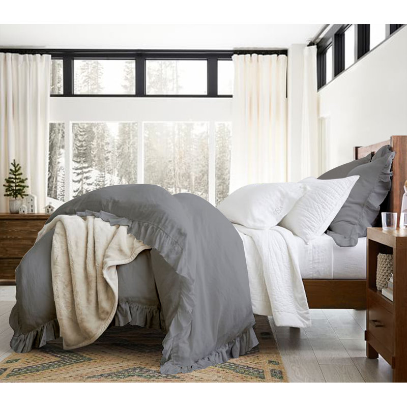 Ensemble de 3 taies décoratives en coton Delara , Gris foncé, Housse de couette pour grand lit + 2 taies décora