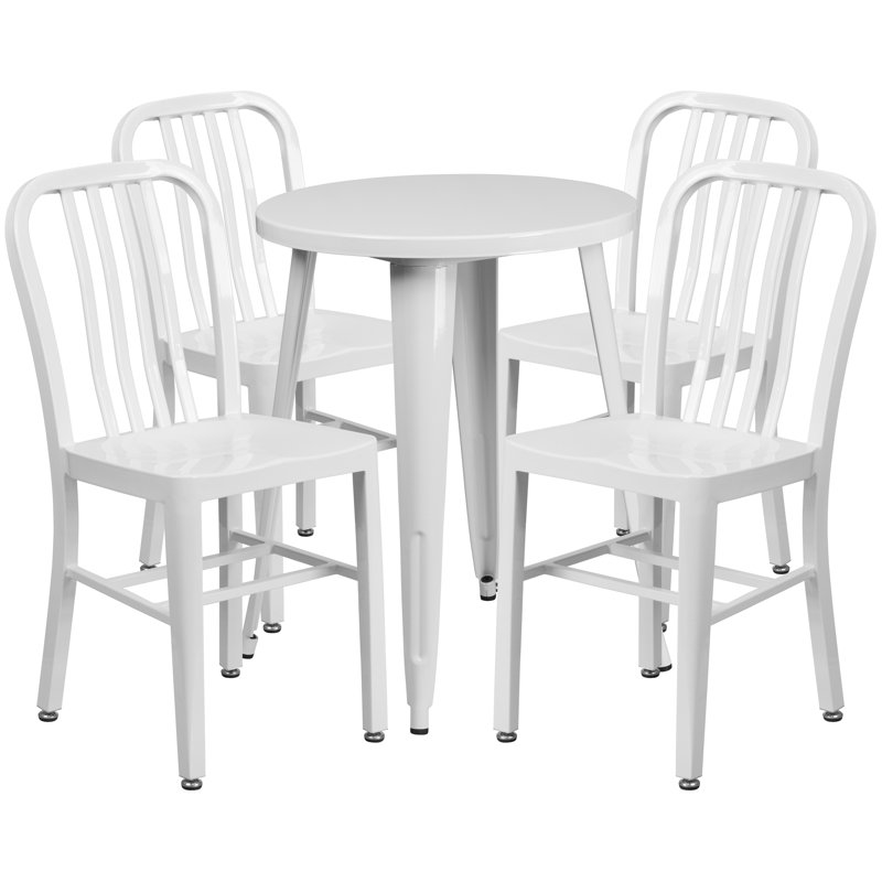 Scotia 24'' Round Metal Indoor-Outdoor Table Set with 4 Vertical Slat Back Chairs, White