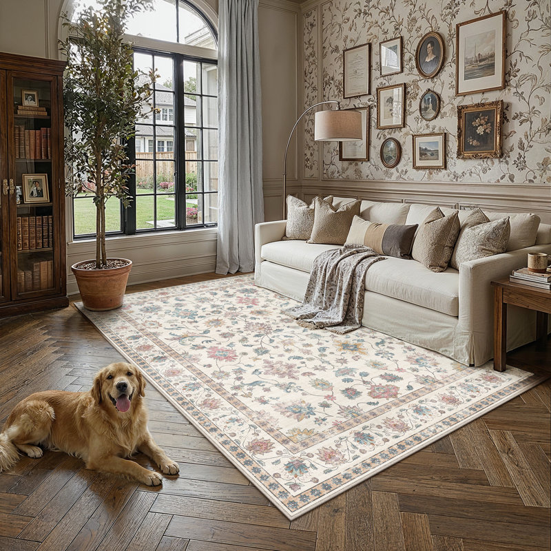 Cherry Machine Washable Floral Area Rug With Non-Slip Backing, Rectangle 5' x 7'
