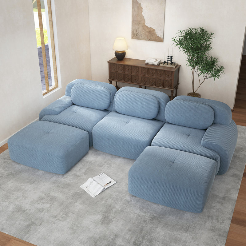 Compression Sofa, U Shape Sofa, Corduroy Fabric Sofa, For Living Room, Blue Corduroy