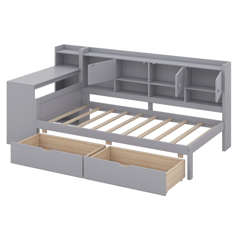 Daybed With Study Desk And Built-In Bookshelf, Multi-Functional Captain Daybed With Cabinets And Two Drawers For Bedroom