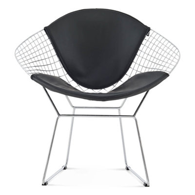 Chaise Diamond avec structure en fer poli, assise en similicuir noir, largeur d'emballage 56 cm, structure en fil d'acier et fer soudés à la main, finition blanche, hauteur 79 cm, détails complexes